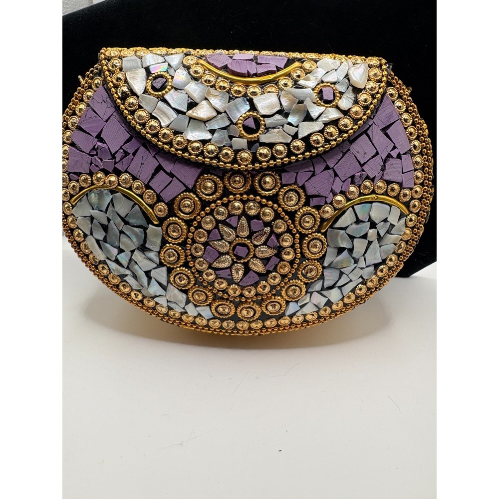 Ramla BOHO Mosaic Shell Clutch -‎ Gold & Purple Inlay Statement Purse